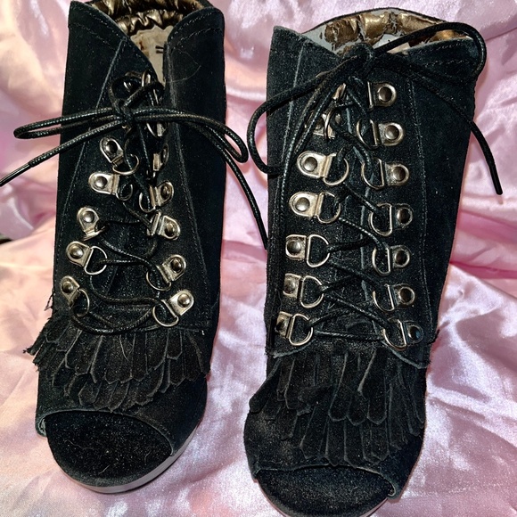 NWOT. N.Y.L.A. Open Toe Lace Up Black Heels Ankle Boots 6 - Picture 2 of 7